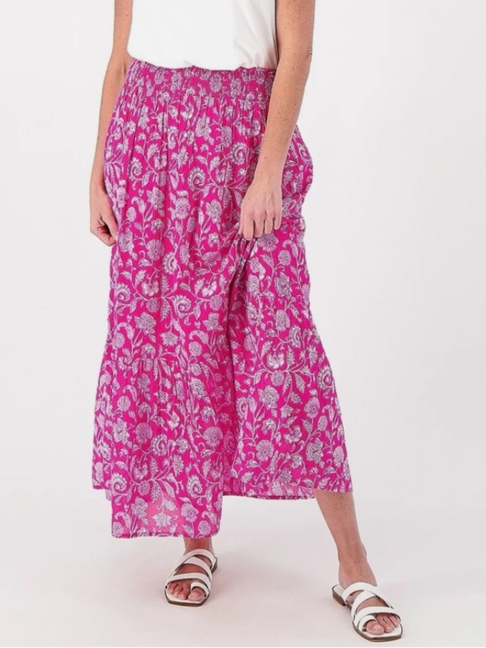 Destination 365 Fuchsia Floral Print Pull On Maxi Skirt 100% Cotton Size M NWOT